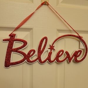 BELIEVE Layered Red Glitter on White Hanging Sign